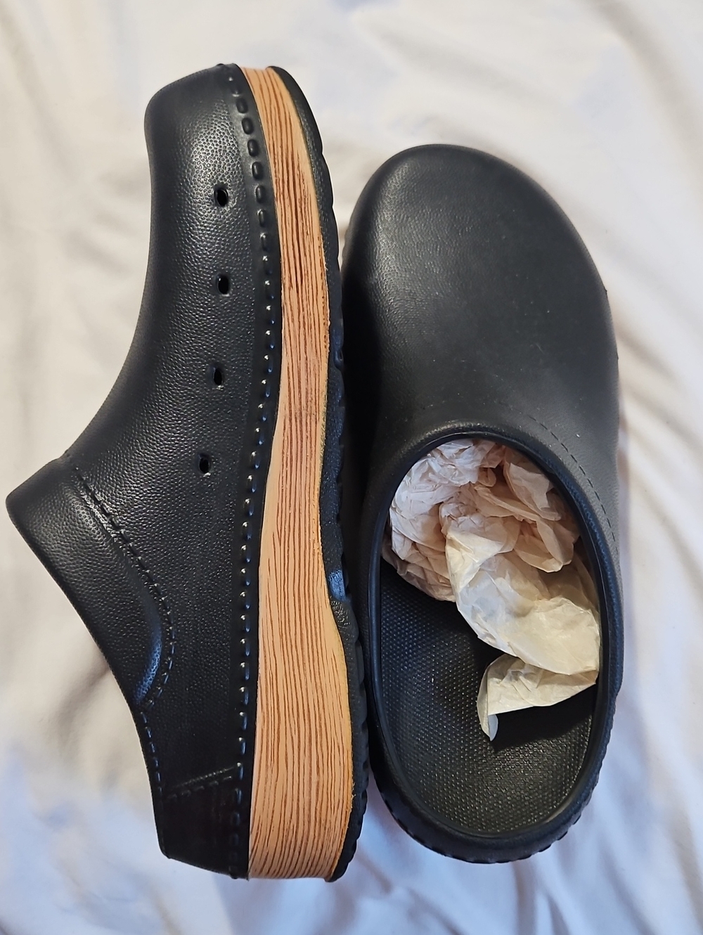 Black Slip-On Work Clogs with Wood-Effect Sole